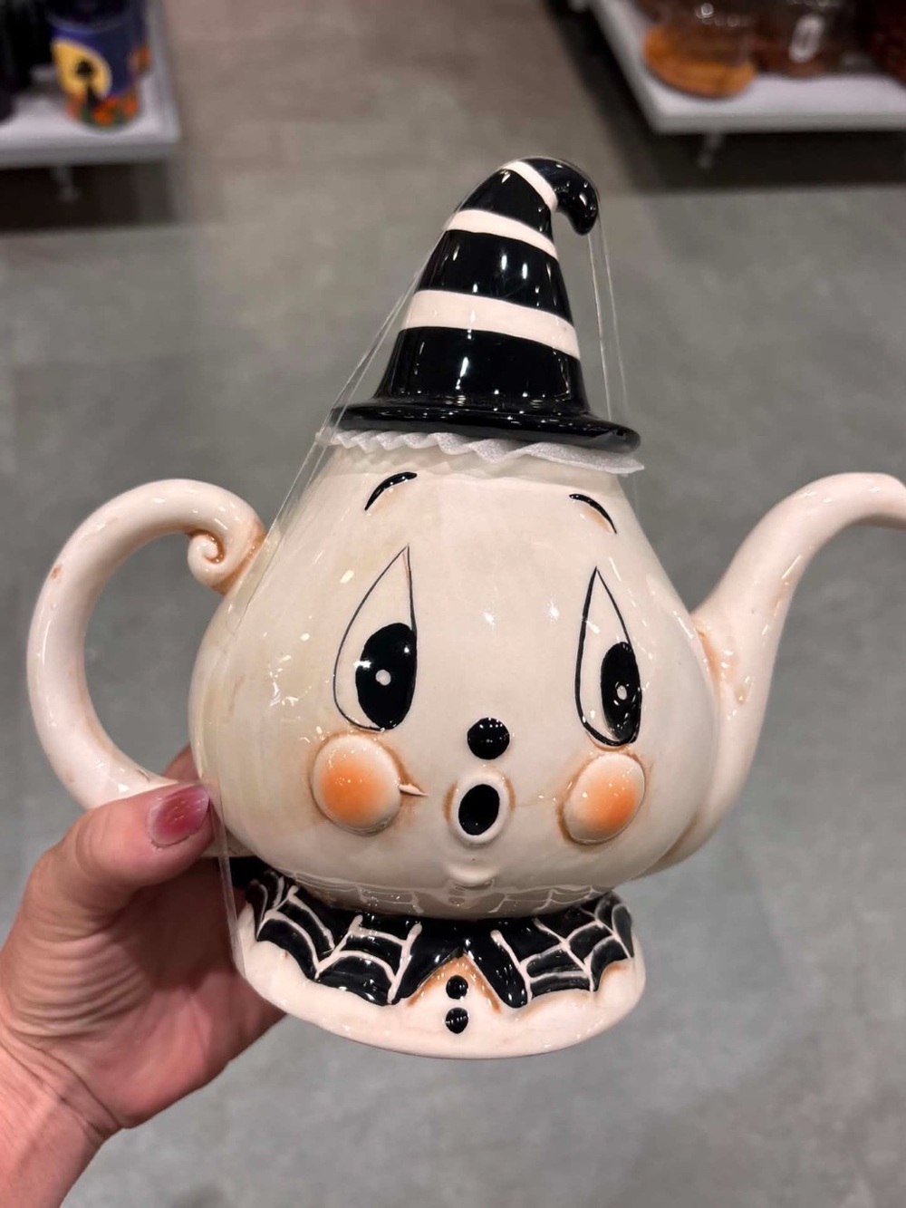New release Halloween Ghost Teapot with Striped Witch Hat - Cream & Black
